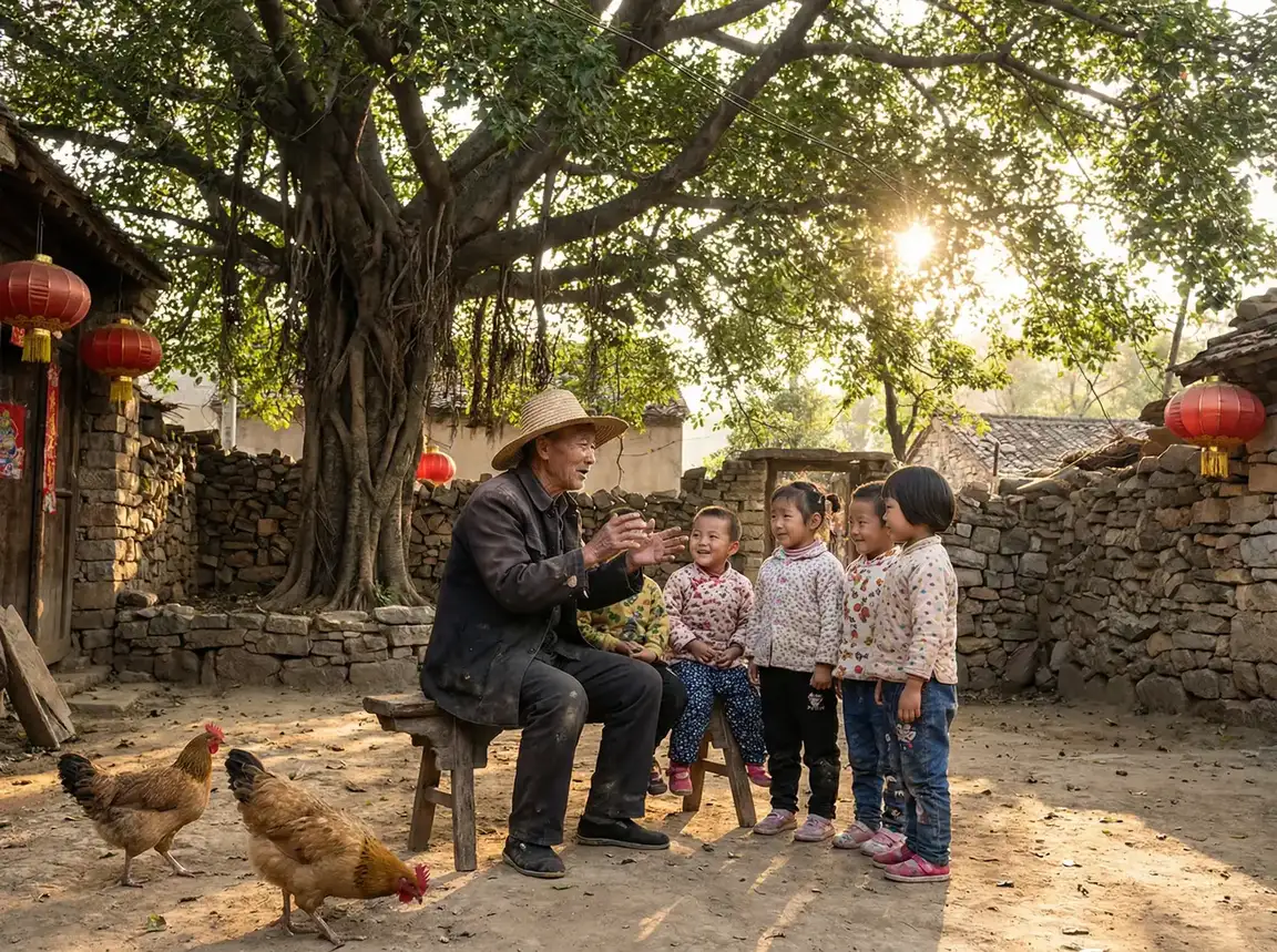 老人在大榕树下给孩子们讲故事 - 久久热精品 乡村记忆